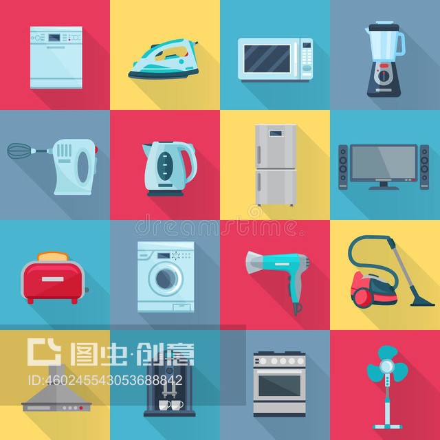 平面彩色家用電器圖標(biāo)Flat Color Household Appliances Icons